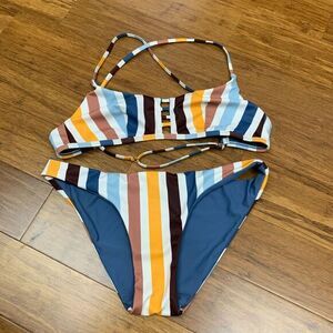 Damsel Striped Bikini Set Women Size Small/Large Criss Cross Back Swimsuit Beach